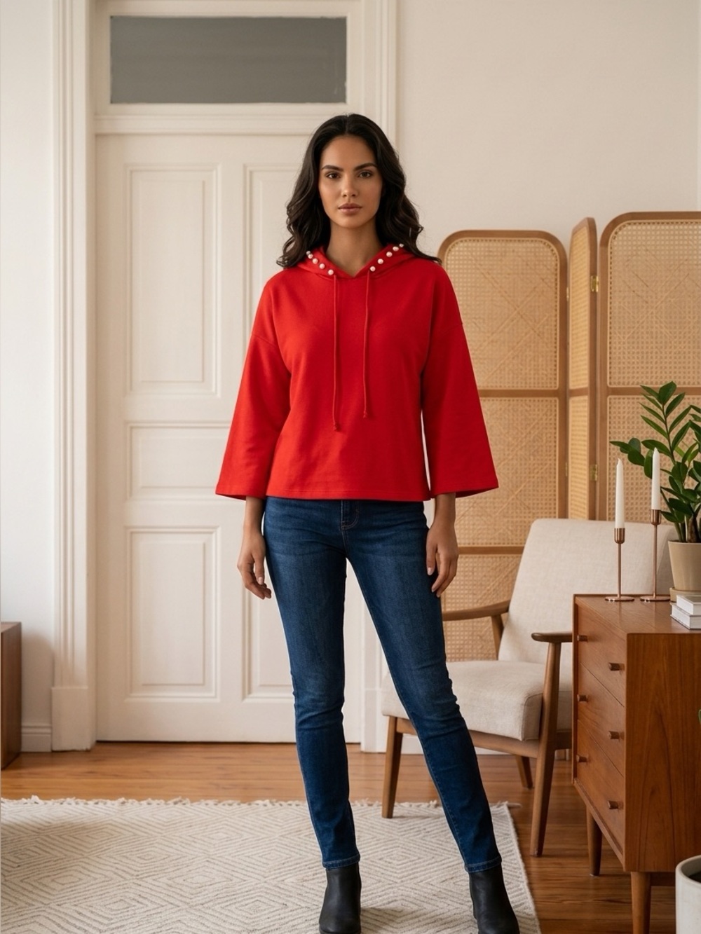 Why Dress Cherry Red Pearl Accent Mid-Length Sleeve Hoodie Women’s Small